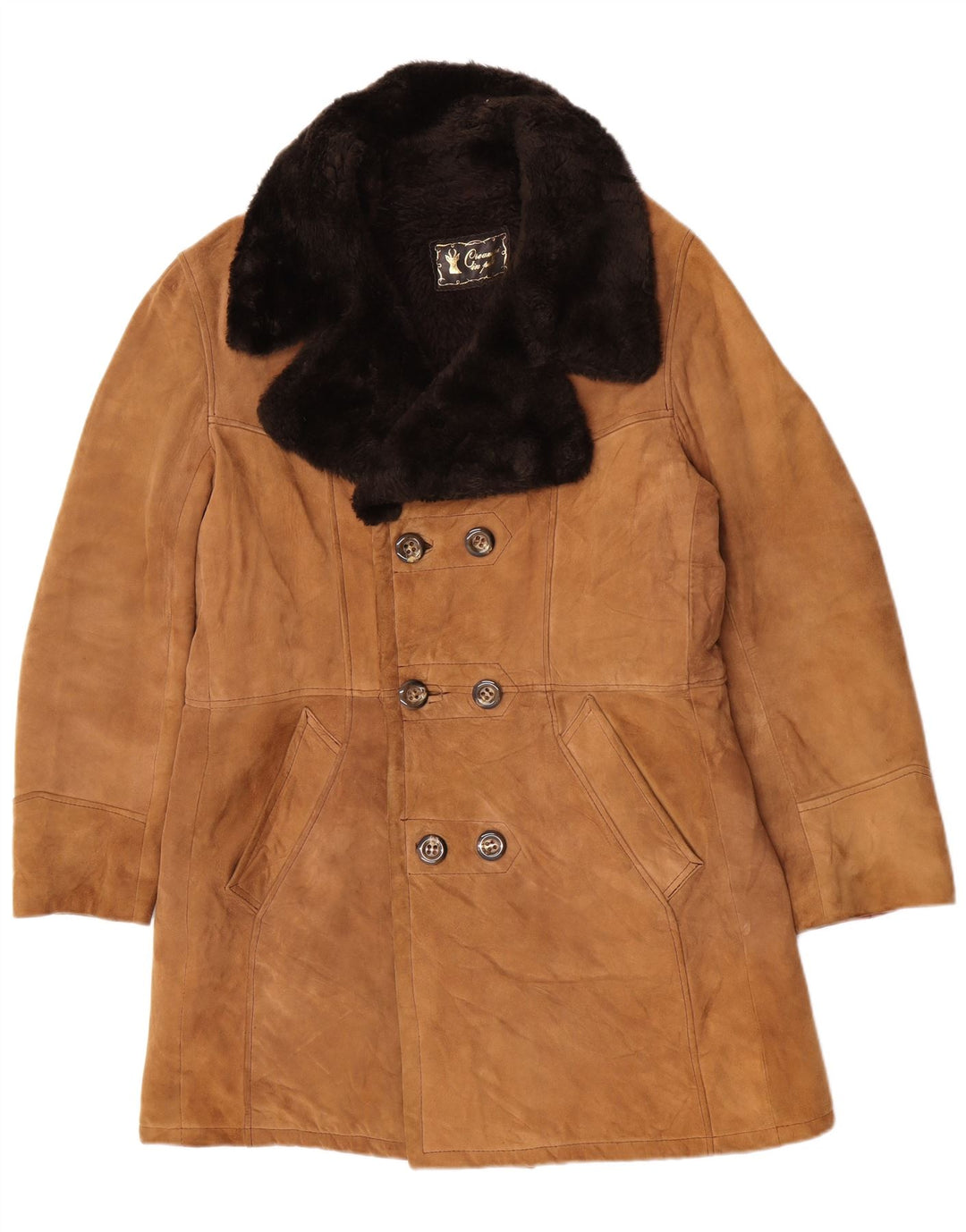 Vintage hombres shearling abrigo de doble pecho Reino Unido 36 cuero marrón pequeño