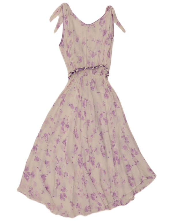 Vintage mujer sin mangas ver a través de maxi vestido Reino Unido 12 medio blanco floral