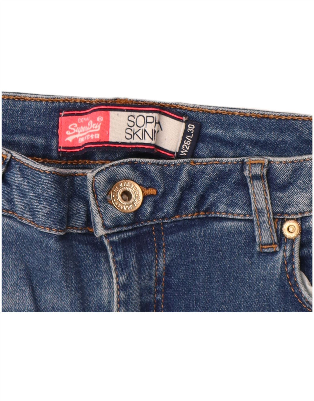 SUPERDRY Vaqueros ajustados desgastados con gráfico Sophia para mujer W26 L28 Algodón azul