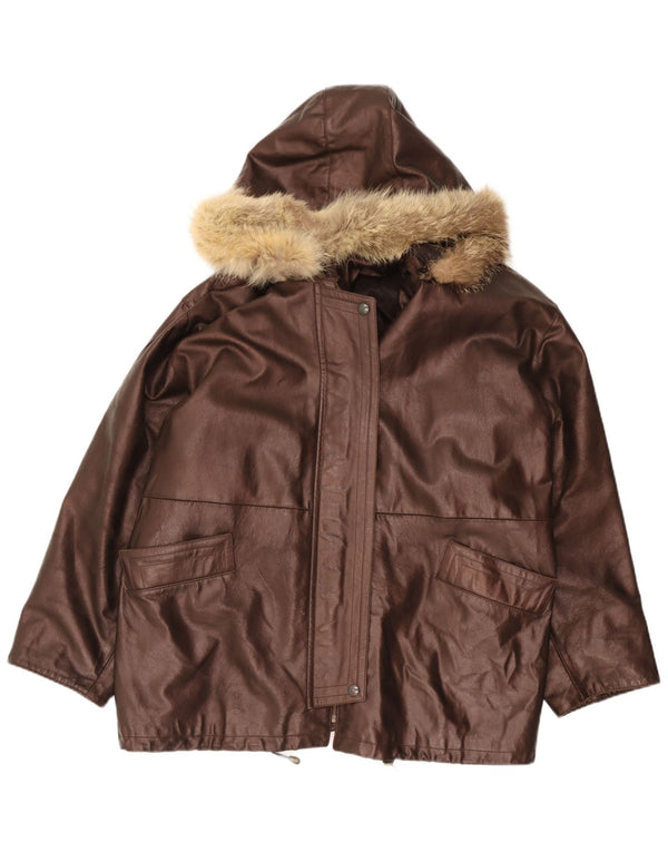 Vintage mujer con capucha chaqueta de cuero de gran tamaño IT 48 XL Marrón
