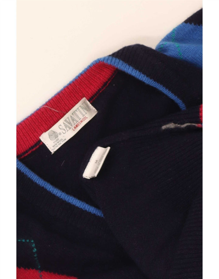 Vintage hombres V-cuello jumper suéter medio azul marino Argyle/Diamond