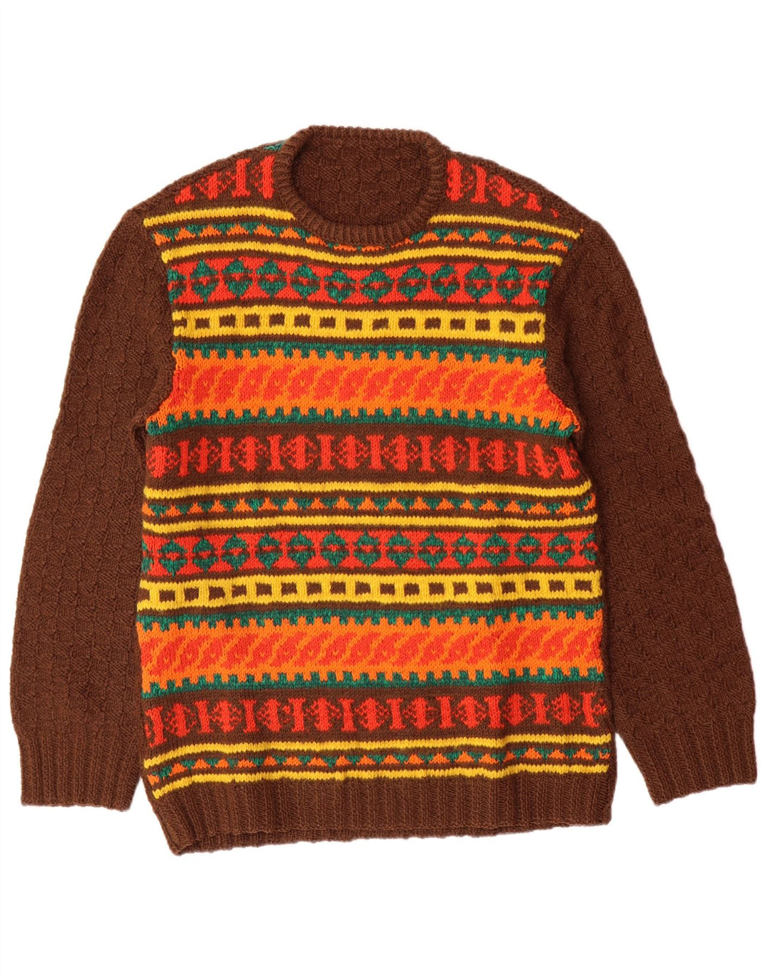 VINTAGE Jersey de cuello redondo para hombre Suéter medio marrón Fair Isle