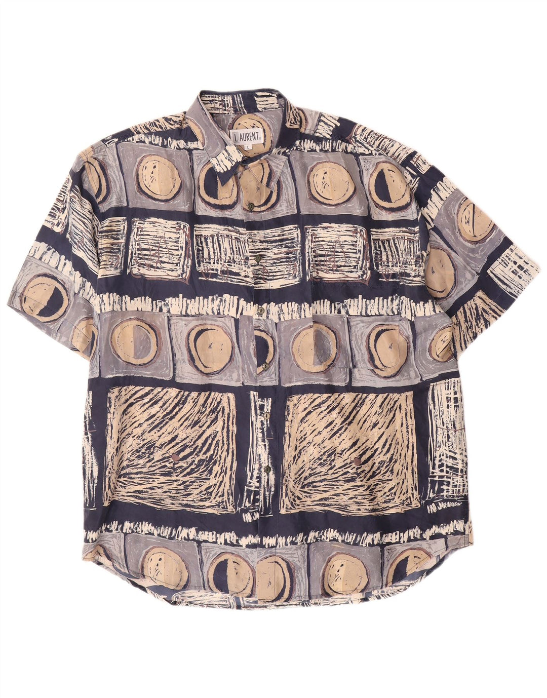 LAURENT Camisa de manga corta para hombre Large Seda geométrica azul marino