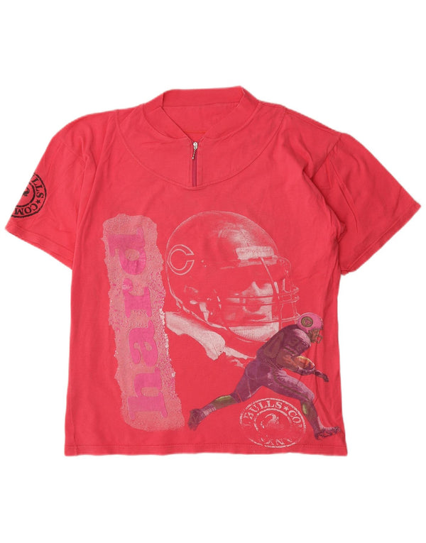 Vintage mujer cremallera cuello camiseta gráfica Top Reino Unido 16 rosa grande