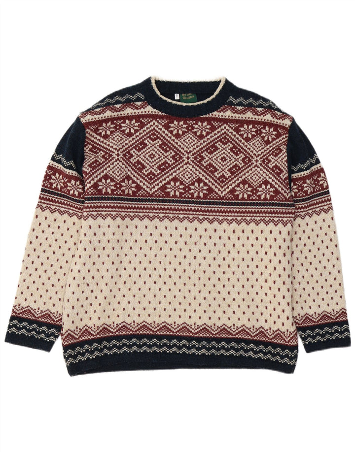 VINTAGE Hombres Crew Neck Jumper Suéter Pequeño Multicolor Fair Isle