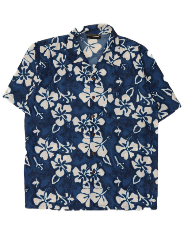 Camisa vintage de manga corta para hombre, poliéster floral azul pequeño