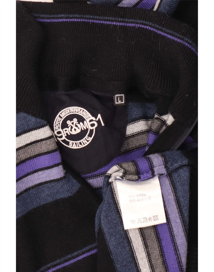 Vintage hombres zip cuello jumper suéter grande negro rayas lana