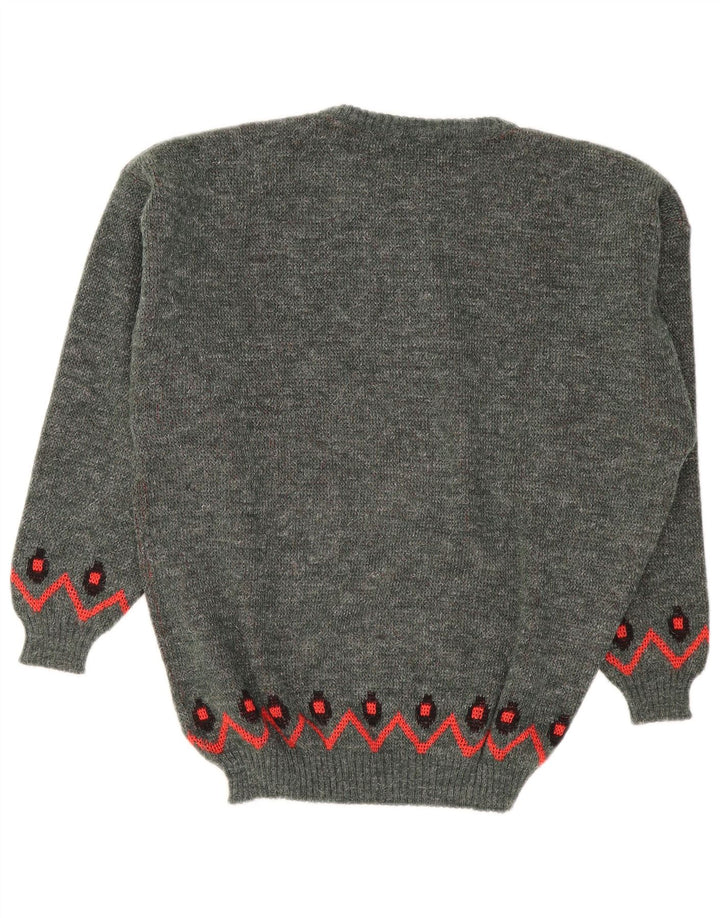 Vintage hombres cuello redondo jersey suéter grande gris geométrico poliacrílico