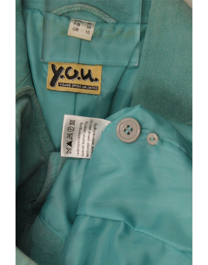 VINTAGE Mujer 2 Botones Ante Blazer Chaqueta Reino Unido 10 Pequeño Cuero Turquesa