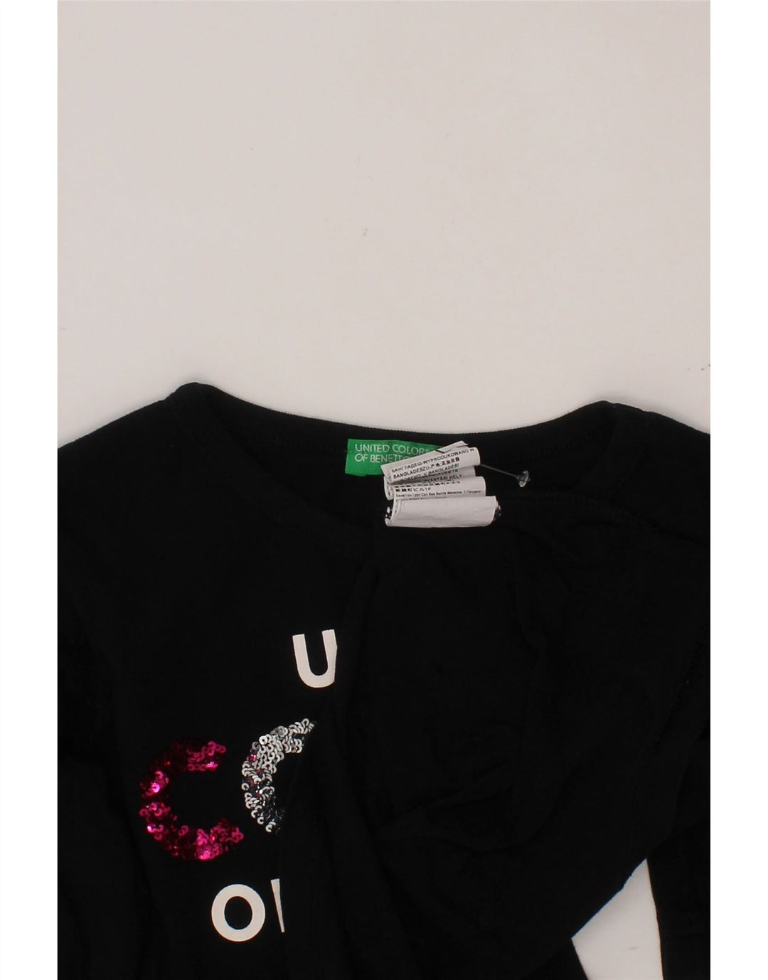 BENETTON Top Estampado para Niñas Manga Larga 6-7 Años Pequeño Algodón Negro