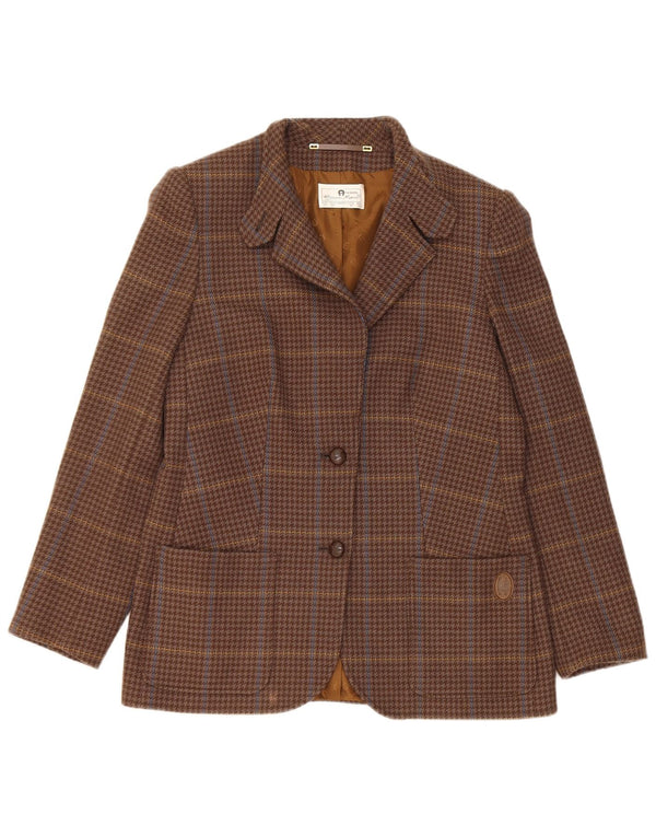 Vintage mujer 2 botones Blazer chaqueta Reino Unido 10 pequeña marrón comprobar lana