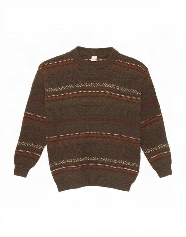 Vintage hombres cuello redondo jersey suéter XL marrón Fair Isle acrílico