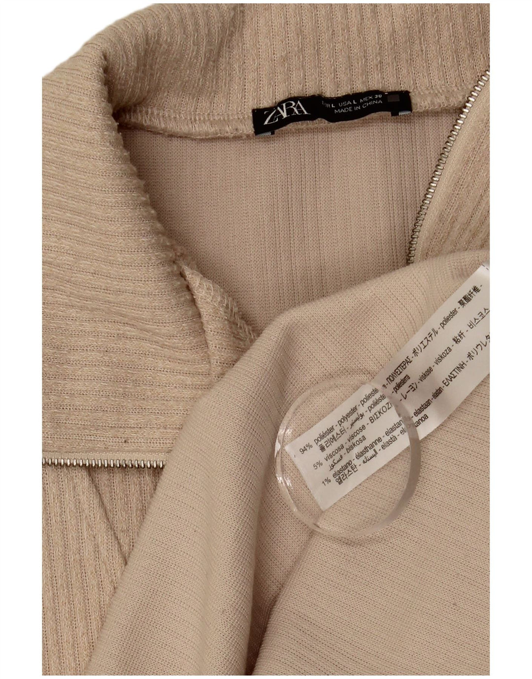 Zara Mujer Top con cuello con cremallera Manga larga UK 46 Grande Poliéster beige