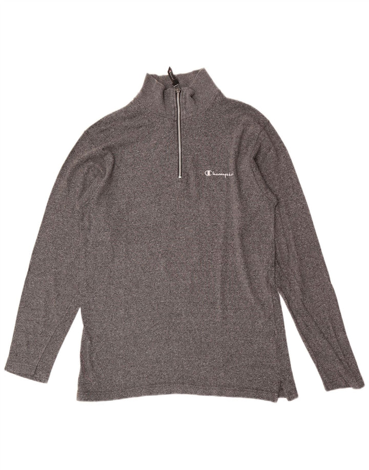 Champion Top con cuello y cremallera para hombre, manga larga, algodón moteado en gris medio