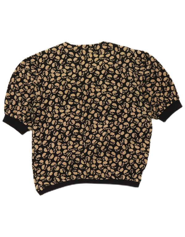 Vintage mujer crop blusa top Reino Unido 14 medio negro floral seda