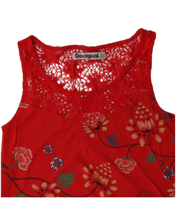 DESIGUAL Blusa sin mangas para mujer Top UK 10 Small Red Floral Cotton