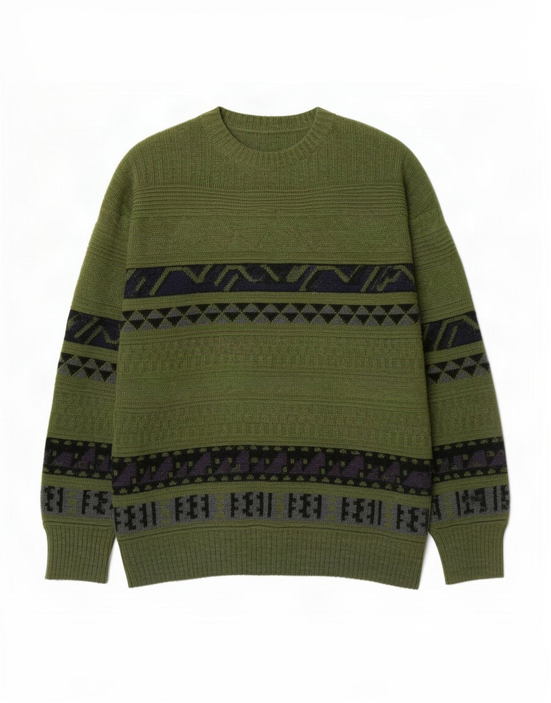 Vintage hombres cuello redondo jersey suéter medio verde geométrico