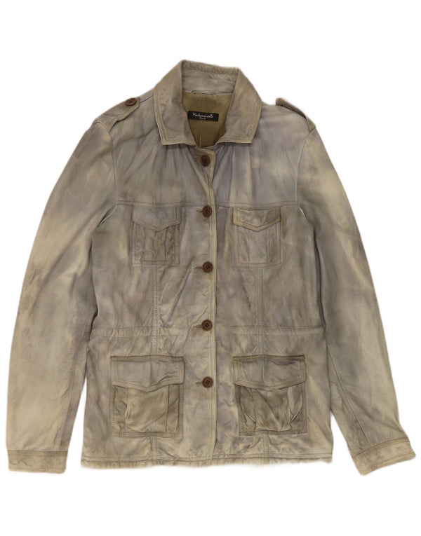 Vintage mujeres militar ácido lavado chaqueta de cuero Reino Unido 14 gris grande