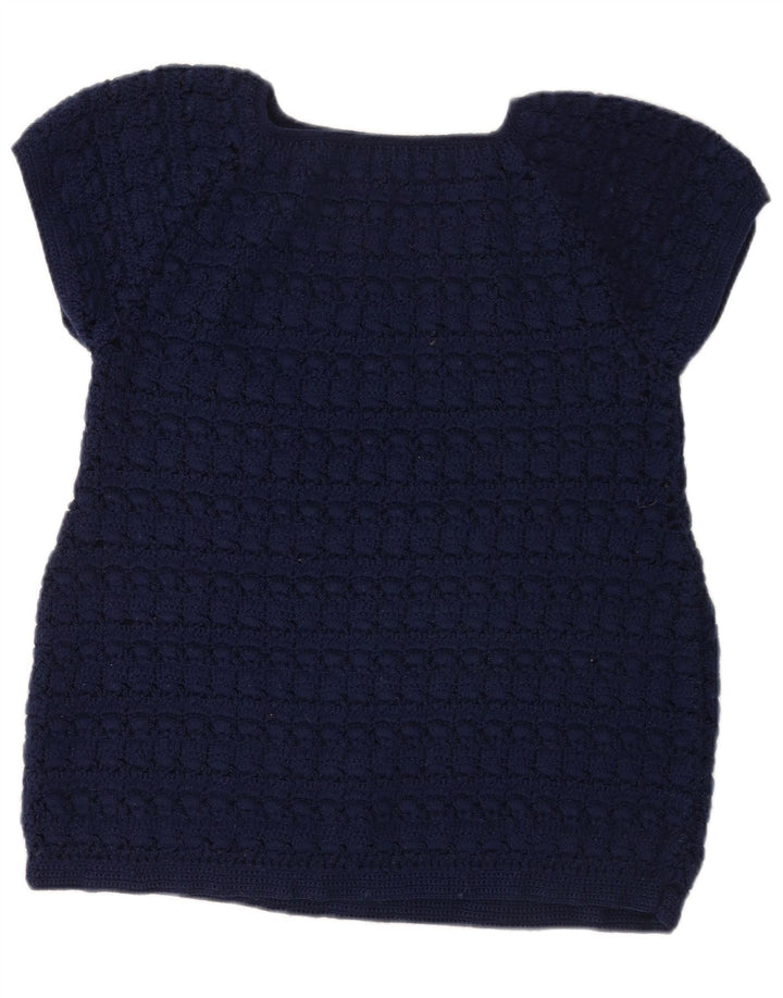 Vintage mujer punto blusa Top Reino Unido 12 azul marino medio