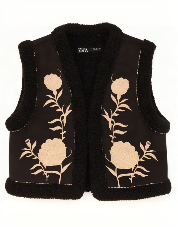 Zara Mujer Crop Open Sherpa Gilet UK 46 Grande Poliéster Floral Negro