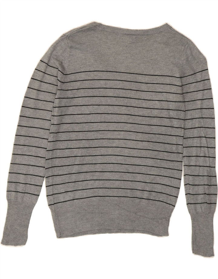 MOSSIMO Womens V-Neck Jumper Sweater UK 14 Medium Grey Striped Nylon Vintage Mossimo and Second-Hand Mossimo from Messina Hembry 