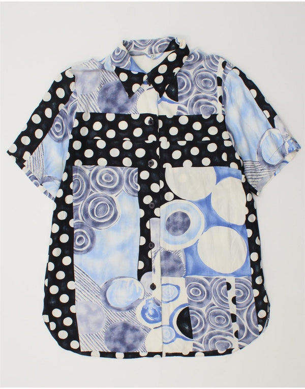 Vintage mujer camisa de manga corta blusa Reino Unido 14 gran patchwork azul viscosa