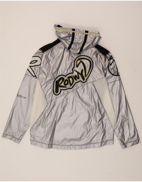 Vintage hombres gráfico pullover chaqueta de lluvia Reino Unido 38 bloque de color plateado medio