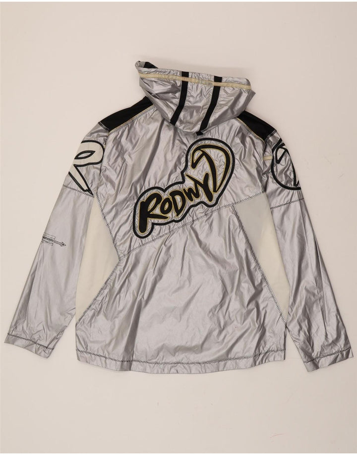 Vintage hombres gráfico pullover chaqueta de lluvia Reino Unido 38 bloque de color plateado medio