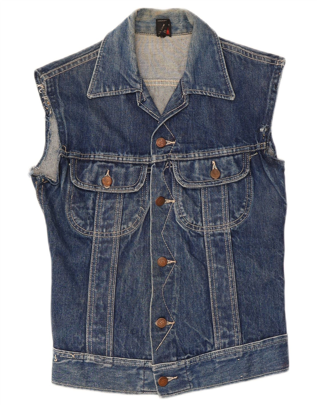 Vintage mujer denim Gilet Reino Unido 8 pequeño algodón azul