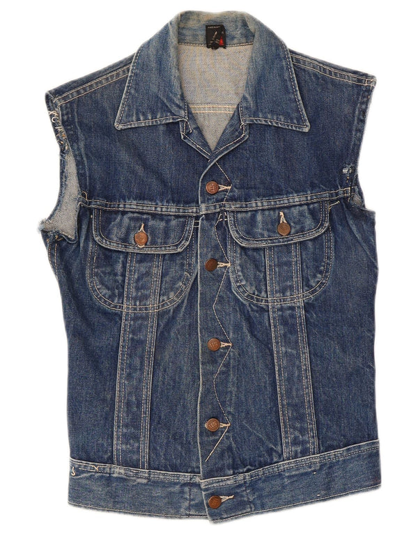 Vintage mujer denim Gilet Reino Unido 8 pequeño algodón azul