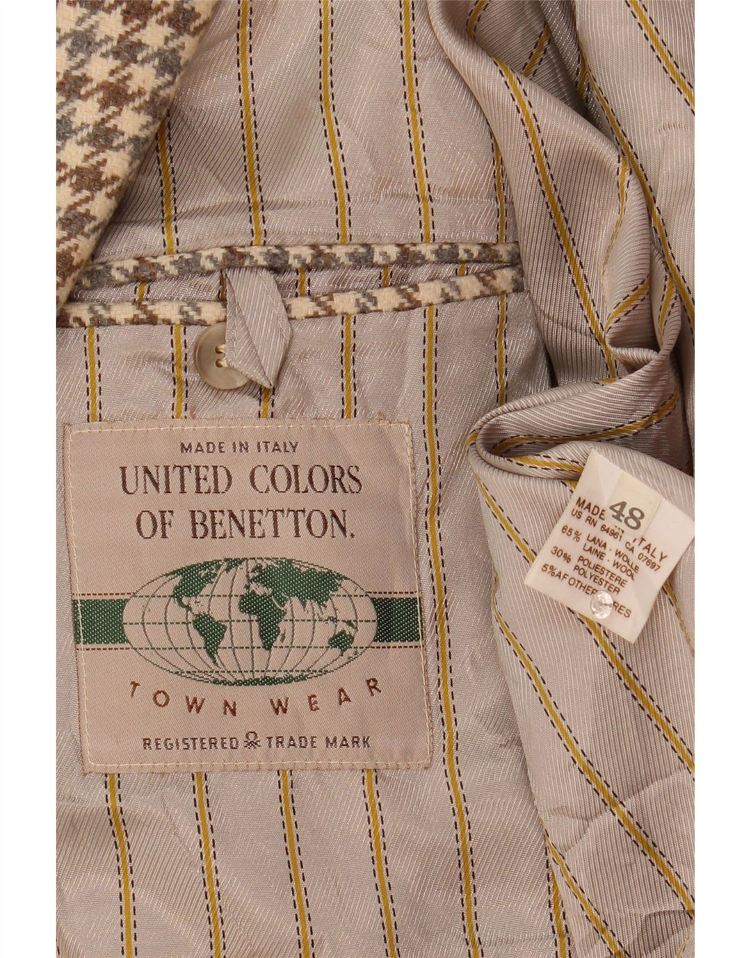 Benetton Chaqueta Americana De 2 Botones IT 48 Lana De Pata De Gallo Beige Medio