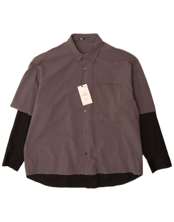 Zara Hombre Camisa Grande Gris Colorblock Poliéster