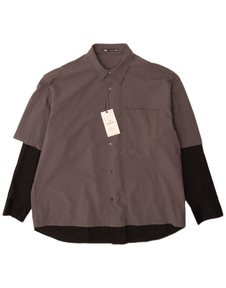 Zara Hombre Camisa Grande Gris Colorblock Poliéster