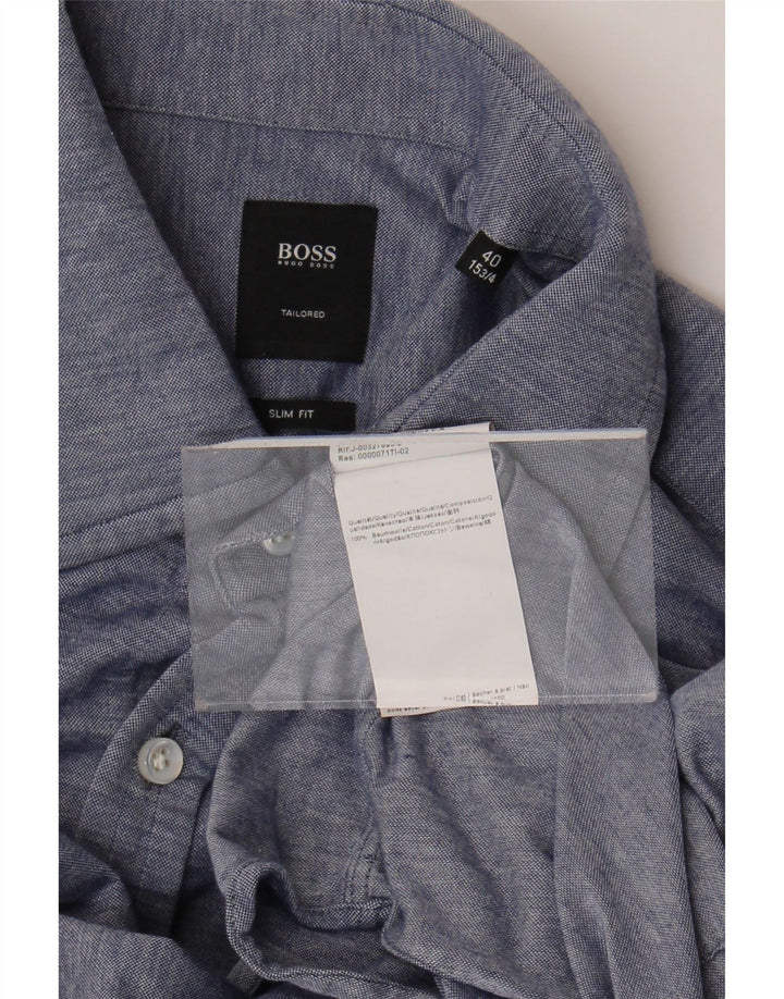 Hugo Boss Camisa ajustada a medida para hombre Talla 40 15 3/4 Algodón azul medio