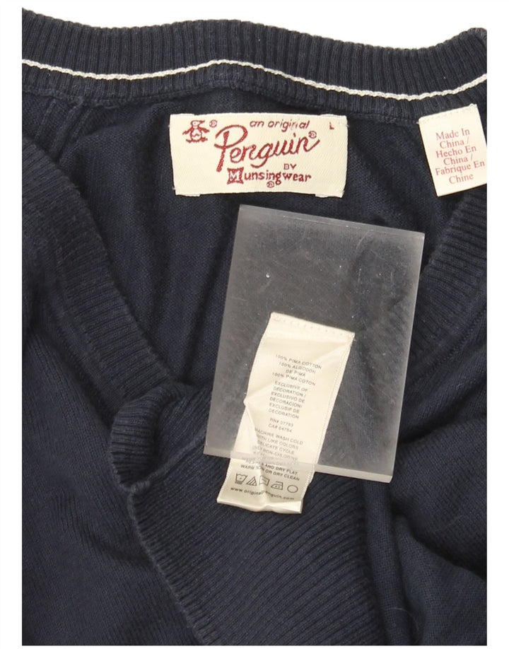 Penguin - Jersey con cuello en V para hombre, talla grande, algodón azul marino