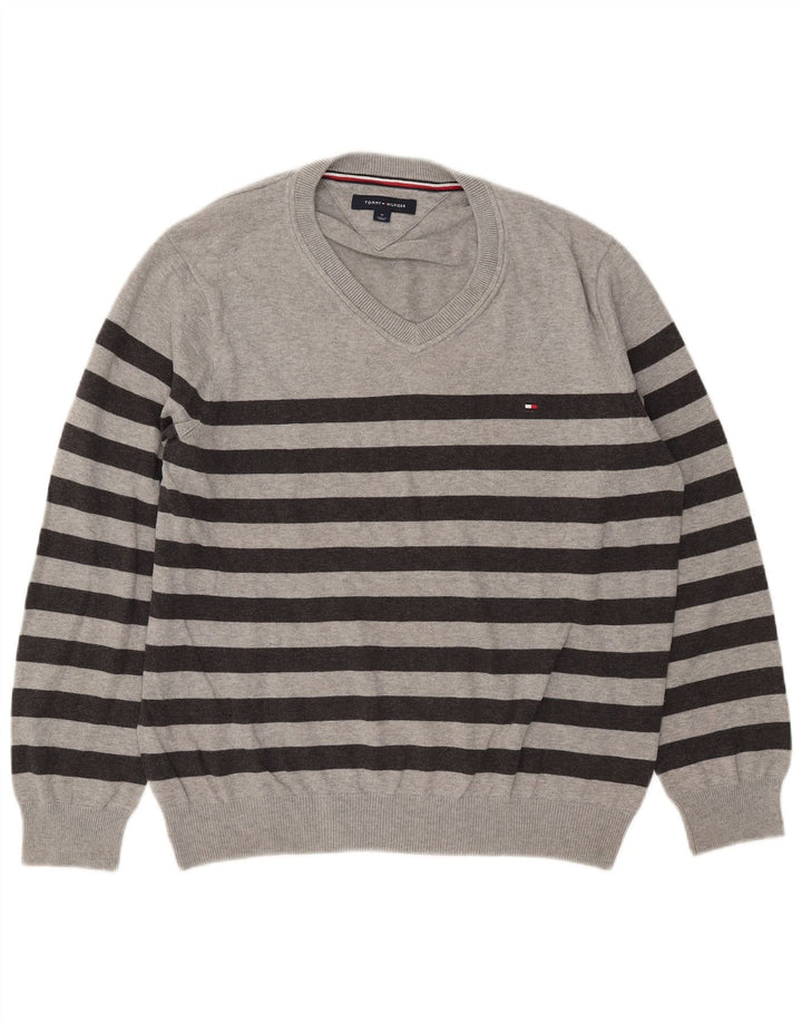 Tommy Hilfiger Jersey con Cuello en V para Hombre de algodón a Rayas Gris Medio