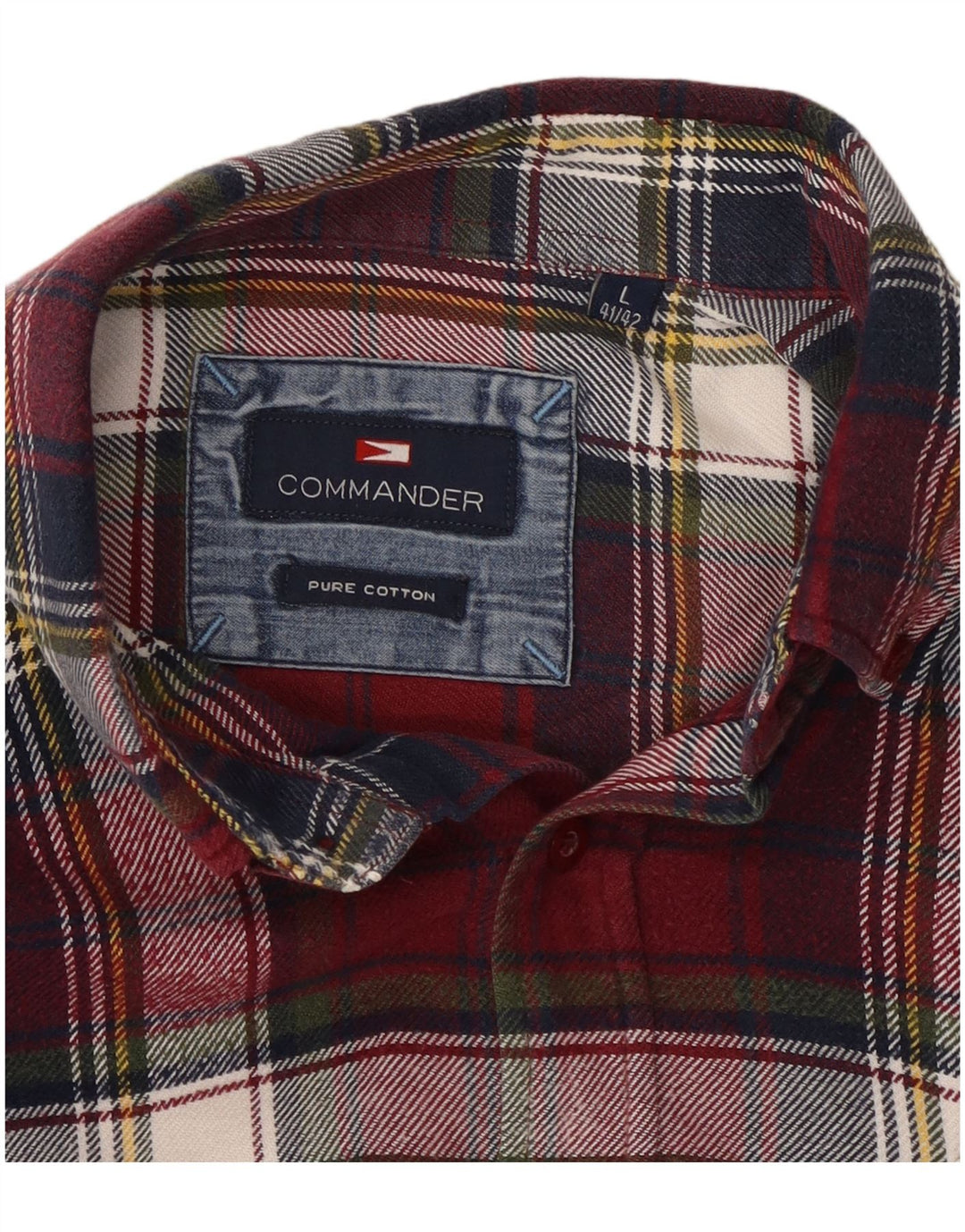 COMMANDER Camisa de franela para hombre talla 41/42 grande algodón a cuadros burdeos