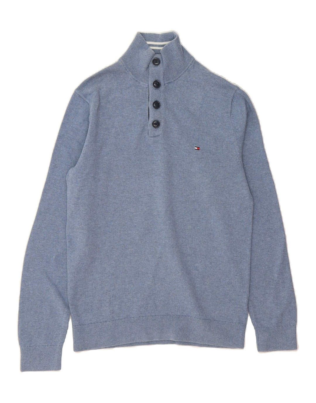 TOMMY HILFIGER Mens Button Neck Jumper Sweater Small Blue Cotton Vintage Tommy Hilfiger and Second-Hand Tommy Hilfiger from Messina Hembry 