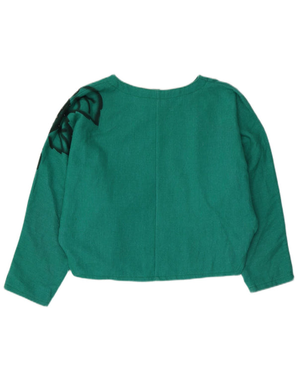 Vintage mujer crop 3/4 manga blusa Top Reino Unido 14 grande verde floral