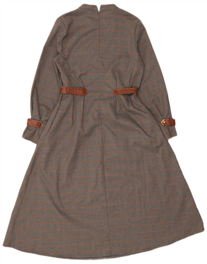 Vintage mujer manga larga Maxi vestido Reino Unido 10 pequeño gris cheque