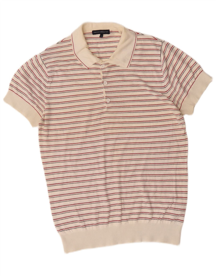French Connection Jersey con cuello tipo polo para hombre, talla pequeña, color blanco a rayas