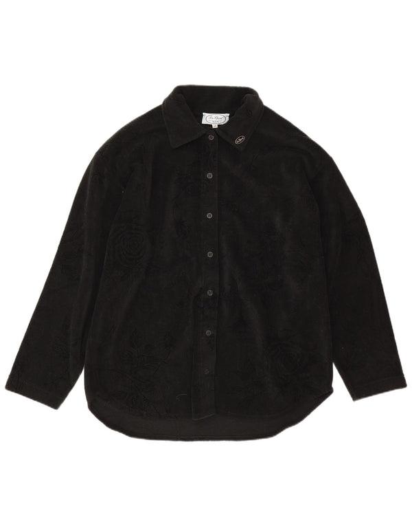 Vintage mujer polar camisa blusa IT 46 poliéster floral negro grande