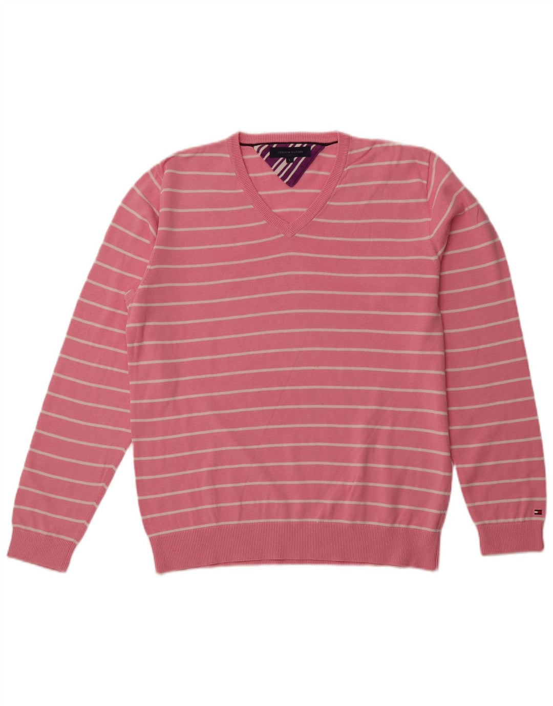 TOMMY HILFIGER Jersey con cuello en V para hombre, jersey grande de algodón a rayas rosa