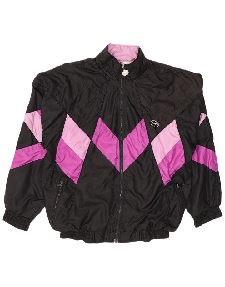 Vintage hombres chándal top chaqueta grande negro colorblock poliéster