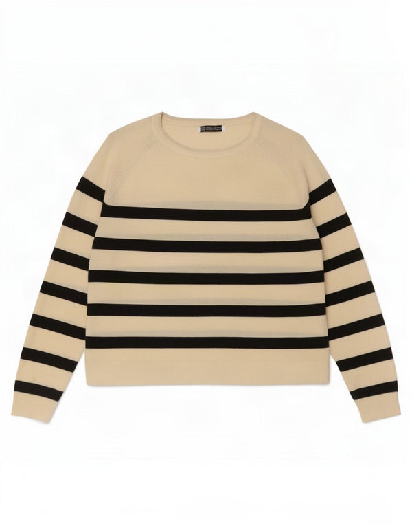 Zara - Jersey de cuello redondo para mujer, talla 40, talla grande, viscosa a rayas, color blanco roto