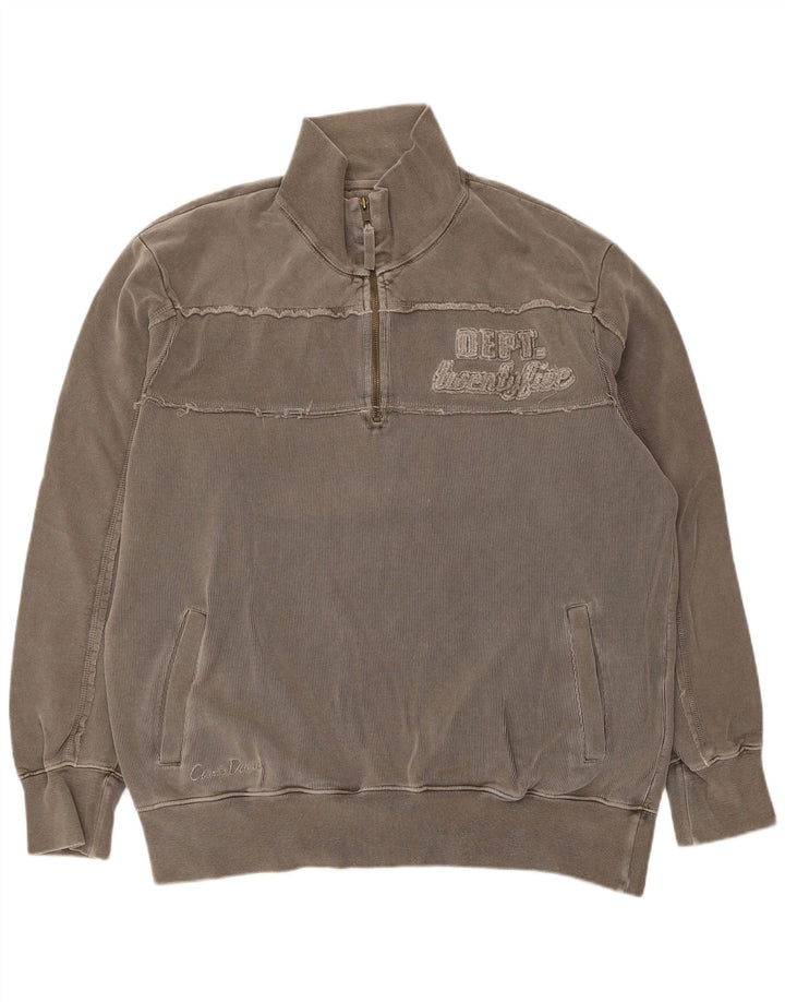 Vintage hombres gráfico cremallera cuello sudadera jumper grande gris
