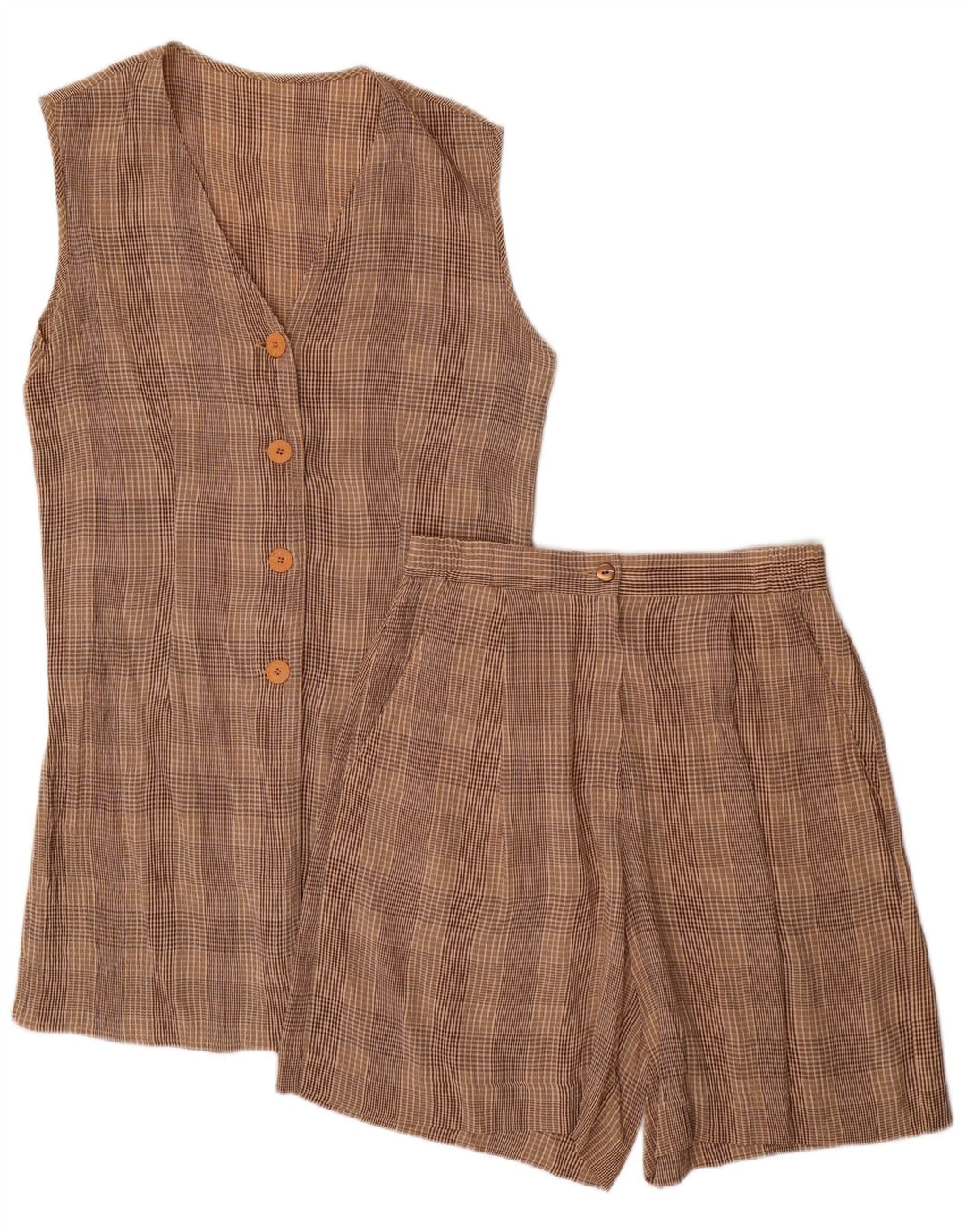 VINTAGE Mujer 4 Botones 2 Piezas Set UK 10 Pequeño W28 Acetato de Cuadros Marrón