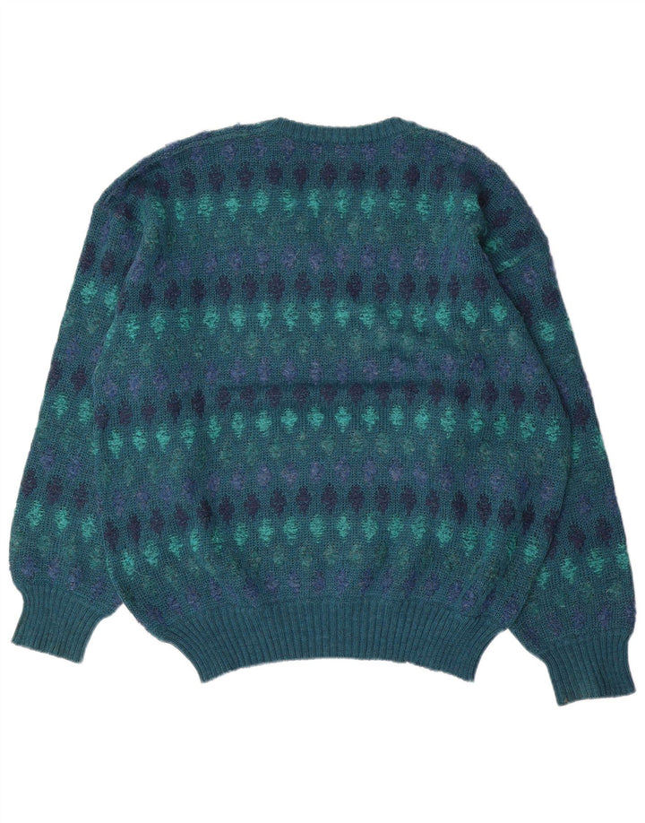 Vintage hombres V-cuello jumper suéter IT 54 XL azul Fair Isle lana