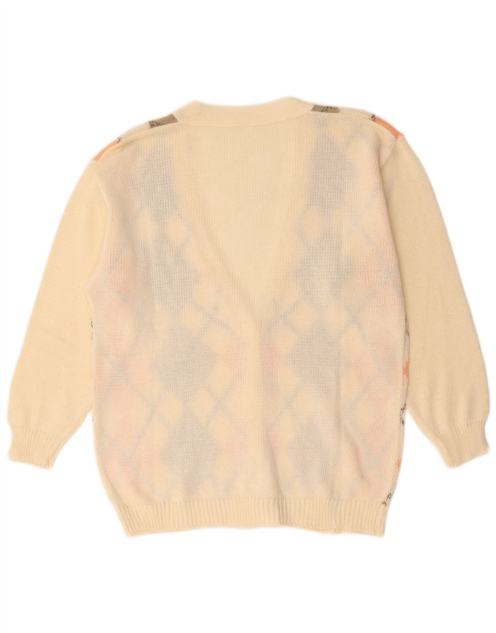 Vintage mujer Cardigan suéter Reino Unido 18 XL Off White Argyle/Diamond