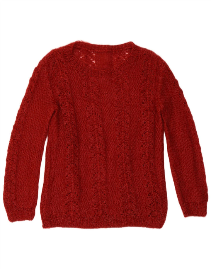 Vintage mujeres patrón abstracto cuello redondo jumper suéter Reino Unido 12 Medium Burgu